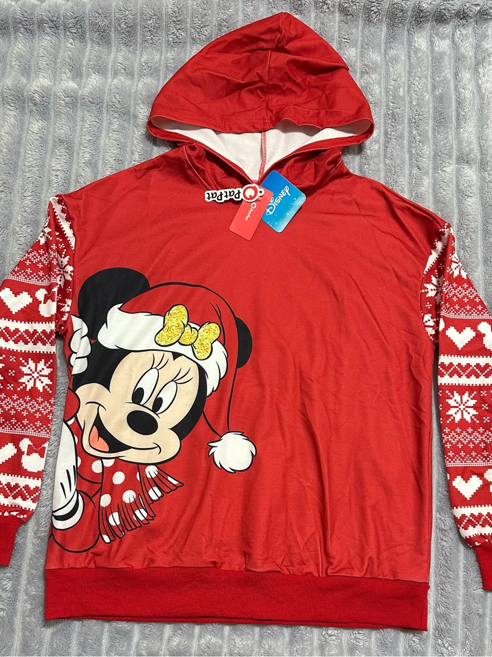 PatPat Red Minnie Mouse Holiday Hoodie with Patterned Sleeves